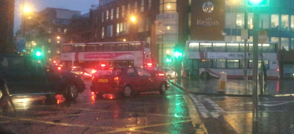 Buses from East Bridge Street blocking Cromac Square in the evening rush hour