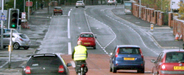 Typical citybound bus lane and countrybound cycle lane set up