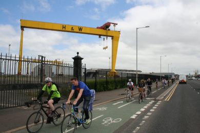 Sydenham Road cycleway under the Harland and Wolff cranes ©nigreenways Sydenham Road cycleway under the Harland and Wolff cranes